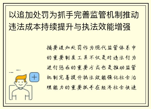 以追加处罚为抓手完善监管机制推动违法成本持续提升与执法效能增强