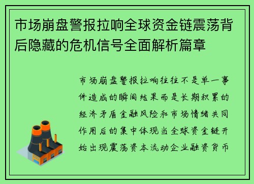 市场崩盘警报拉响全球资金链震荡背后隐藏的危机信号全面解析篇章 市场崩盘警报拉响全球资金链震荡背后隐藏的危机信号全面解析篇章